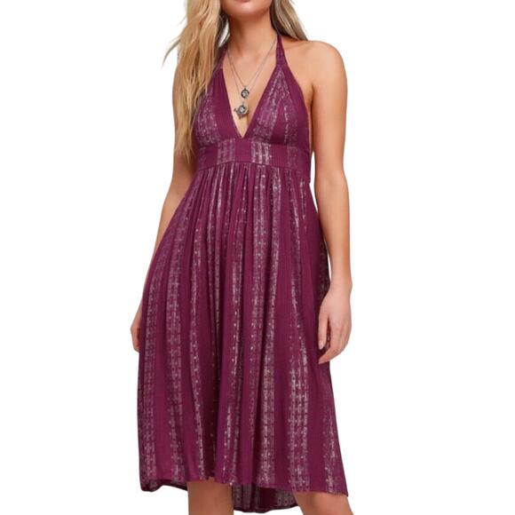 Lulu’s Charlize Magenta Striped Purple Halter Midi Dress Sz XS NWT - Picture 2 of 15
